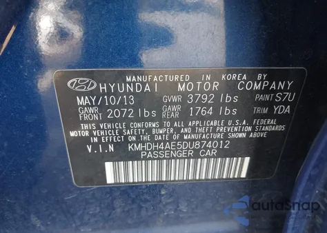2013 Hyundai Elantra Gls from USA, damaged, VIN KMHDH4AE5DU874012